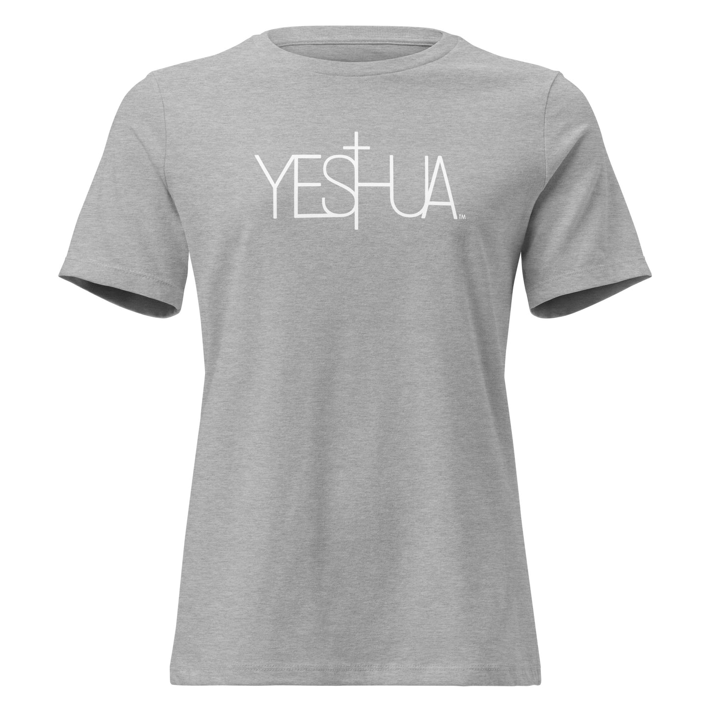 Front view of heather gray Yeshua Comfort Women’s T-Shirt by Kingdom Crew™ featuring white lettering design from the Sacred Name Collection honoring Yeshua
