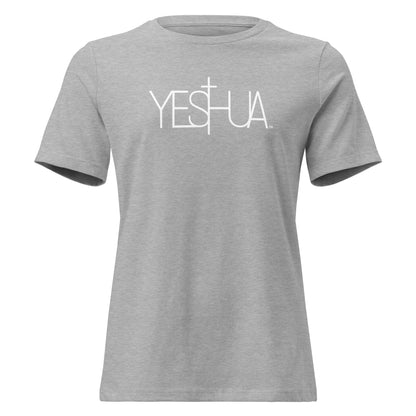 Front view of heather gray Yeshua Comfort Women’s T-Shirt by Kingdom Crew™ featuring white lettering design from the Sacred Name Collection honoring Yeshua
