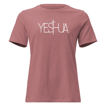 Front view of mauve Yeshua Comfort Women’s T-Shirt by Kingdom Crew™ featuring white lettering design from the Sacred Name Collection honoring Yeshua
