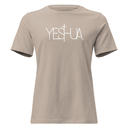 Front view of sand Yeshua Comfort Women’s T-Shirt by Kingdom Crew™ featuring white lettering design from the Sacred Name Collection honoring Yeshua


