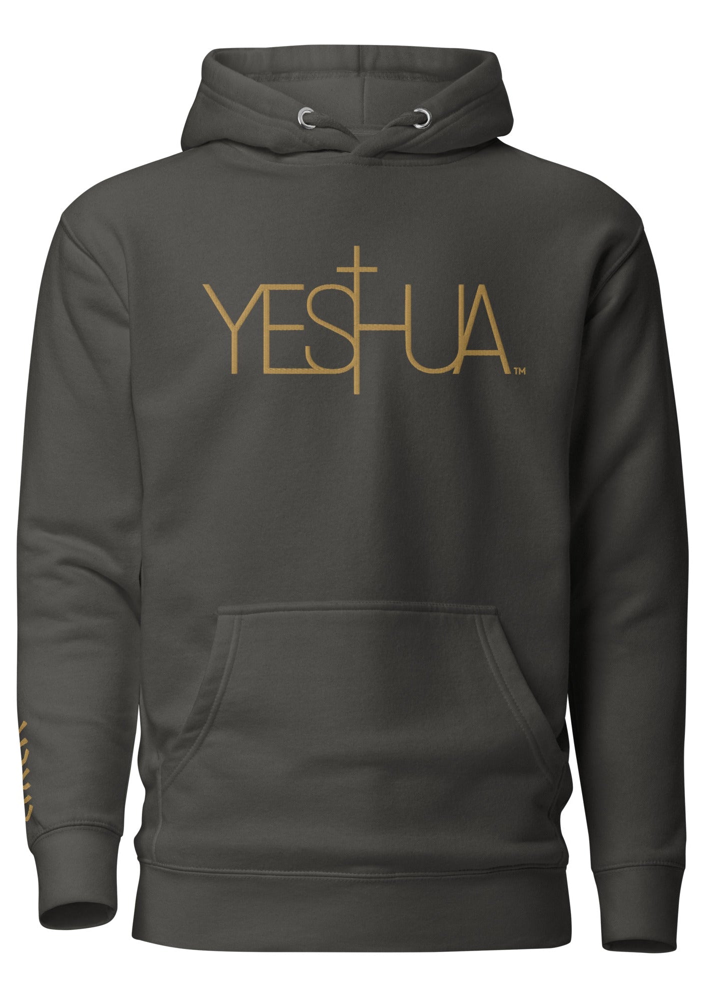 Dark gray hoodie with 'YESHUA' text on a white background