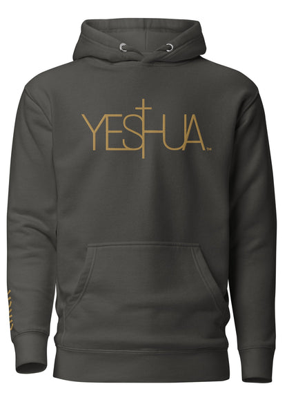 Dark gray hoodie with 'YESHUA' text on a white background