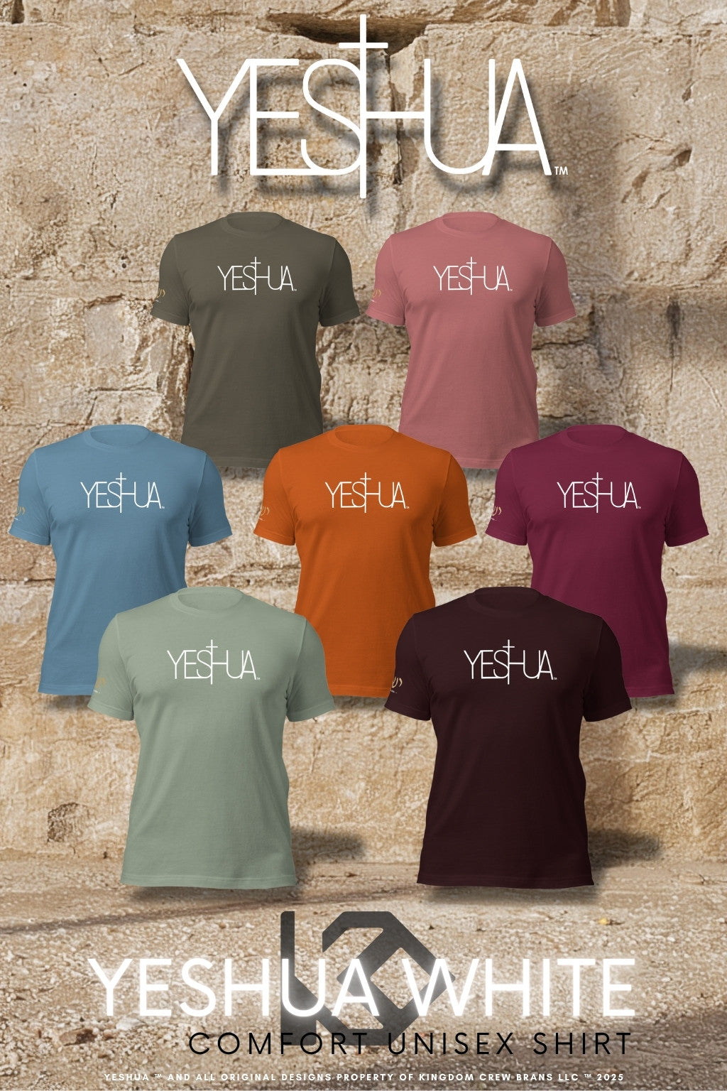 Collection of 'YESHUA' t-shirts in various colors against a stone wall background.