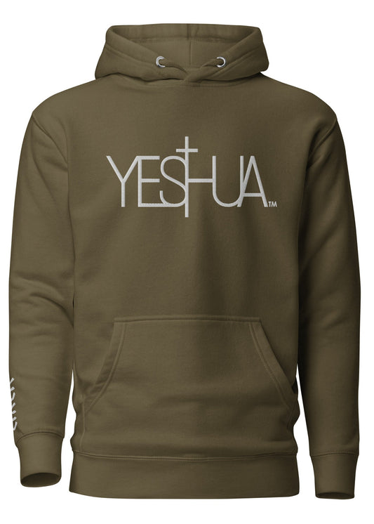 Brown hoodie with 'Yeshua' text on a white background