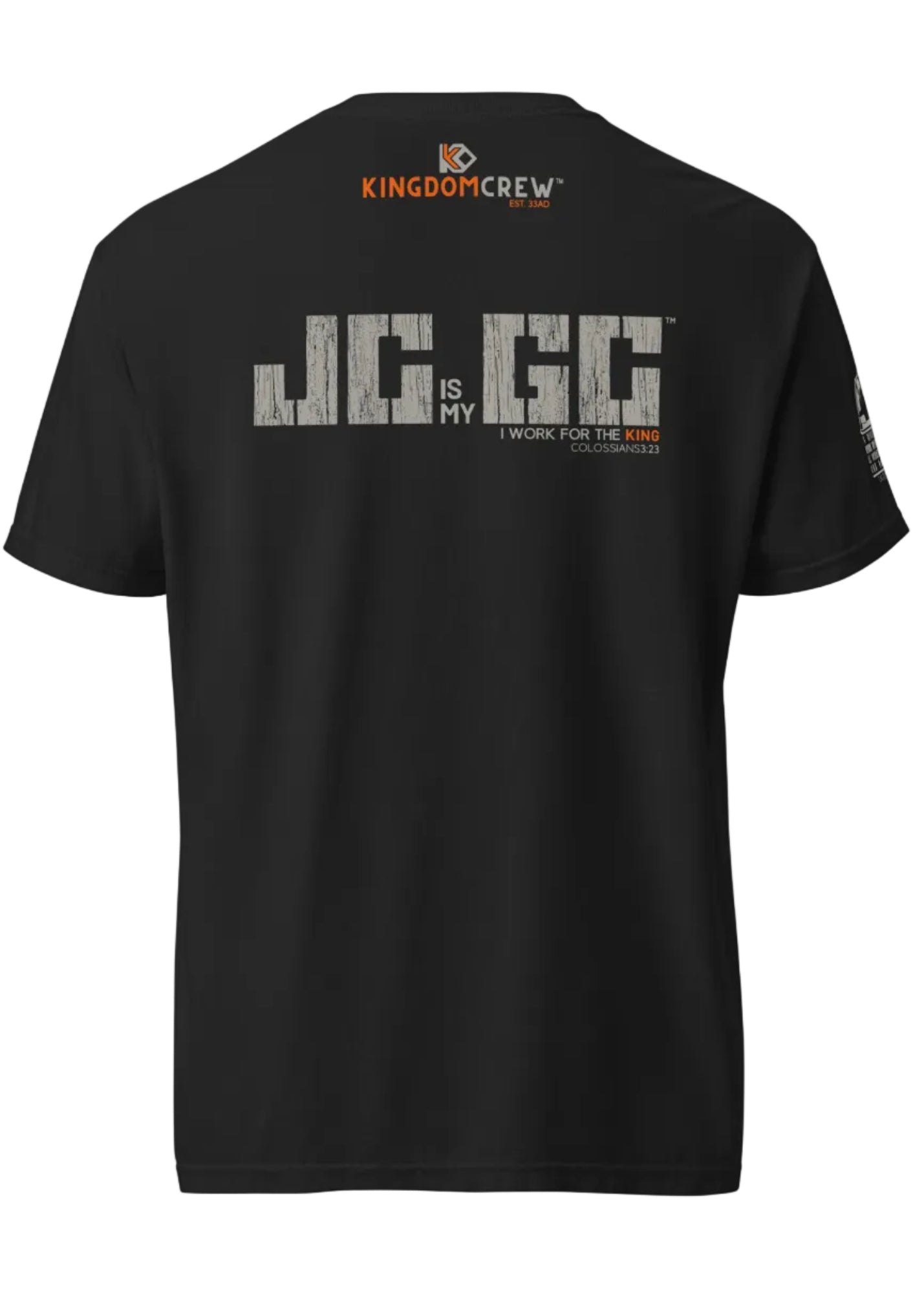 J.C. is my G.C.™ Heavyweight Premium Shirt -Back - Grey & Orange