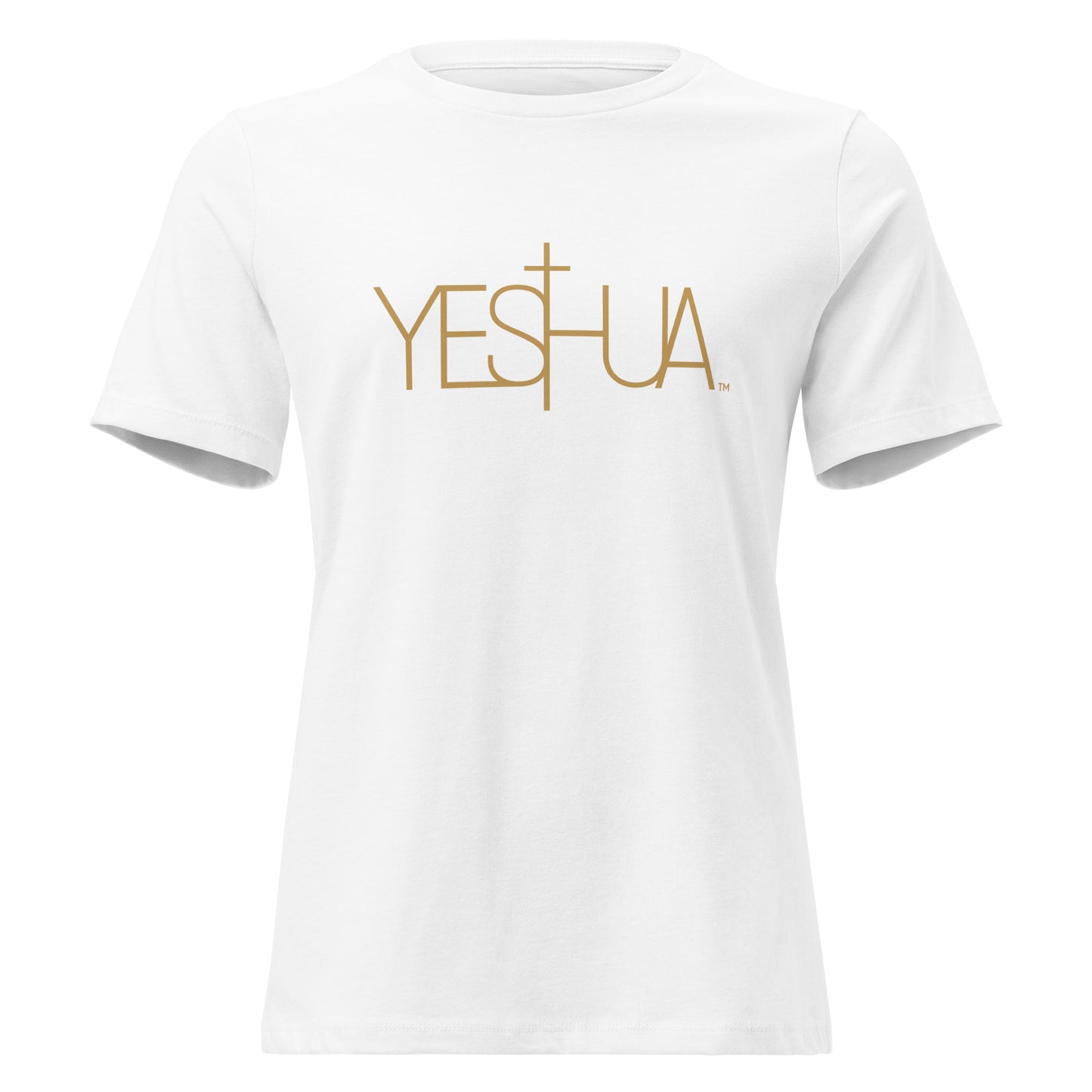 Front view of white Yeshua Comfort Women’s T-Shirt by Kingdom Crew™ featuring gold lettering design from the Sacred Name Collection honoring Yeshua
