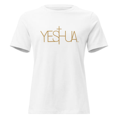 Front view of white Yeshua Comfort Women’s T-Shirt by Kingdom Crew™ featuring gold lettering design from the Sacred Name Collection honoring Yeshua
