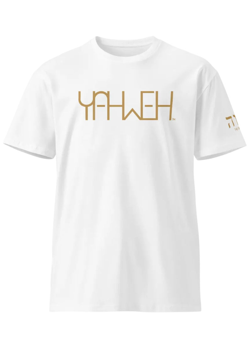 White t-shirt with gold text on a white background