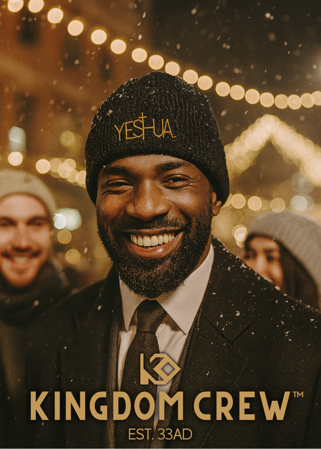Man wearing a 'YES-HUA' beanie with blurred festive lights in the background