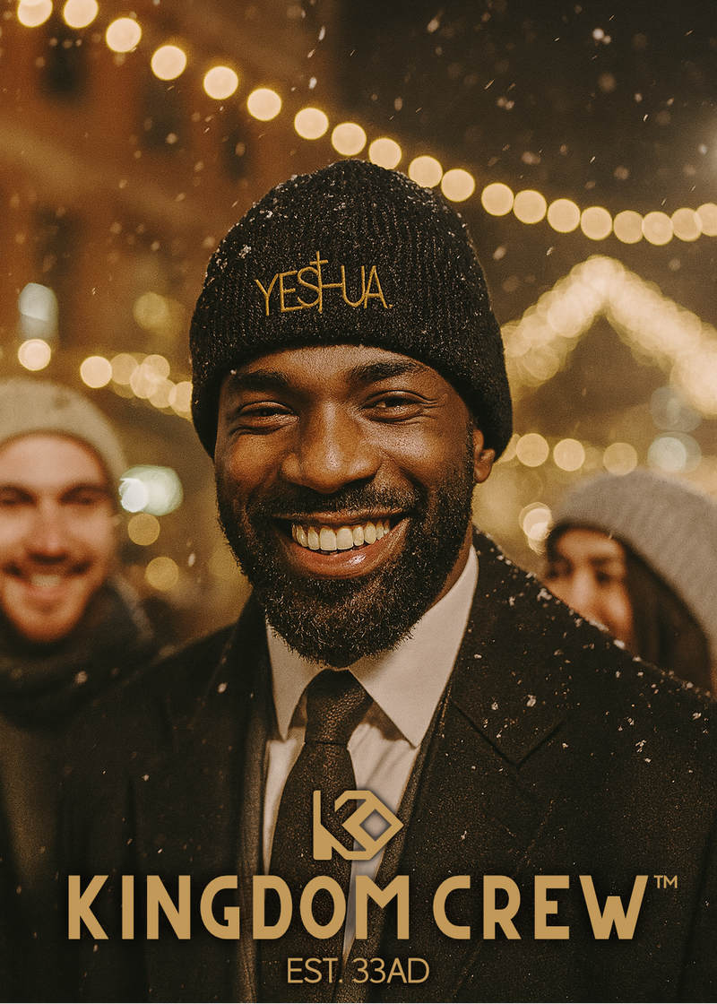 Man wearing a 'YES-HUA' beanie with blurred festive lights in the background